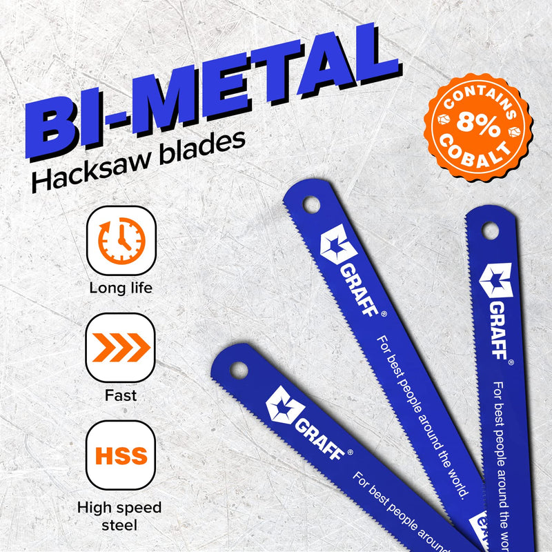 GRAFF 8% Cobalt Premium Hacksaw Blades 12 Inch for Stainless Steel and Metal Cutting 24 tpi - Handsaw Blades Replacement Bi-Metal Bi-metal 8% Cobalt