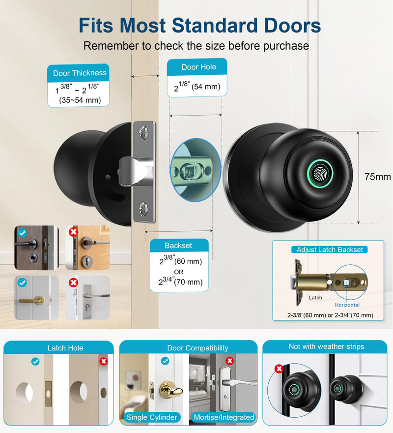 Fingerprint Door Lock, Smart Fingerprint Door Knob with Lock, Biometric Door knob with App Control & Key, Keyless Thumbprint Entry Door Lock for Bedroom, Front Door, Home, Apartment Office-Matte Black With APP-Matte Black