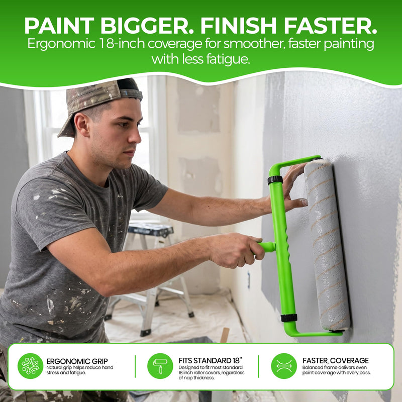 Ergonomic Paint Roller - 18 inch Paint Roller Frame Kit with Extension Handle - Comfortable Grip to Minimize Hand Stress & Fatigue, Get Projects Done in 1/2 The Time