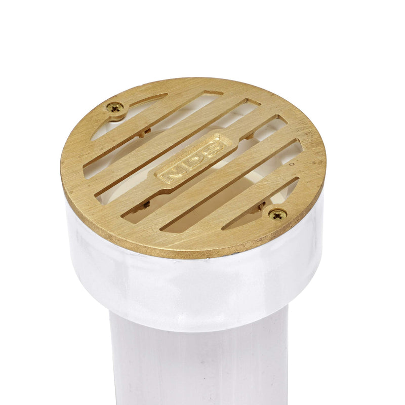 NDS 909B*, 3-Inch Round Grate with Collar, Connects to 2-Inch Drain Pipe and 3-Inch Drain Fittings, for Small Lawns, Landscaping and Patios, White Plastic and Satin Brass (Pack of 4) Pack of 4