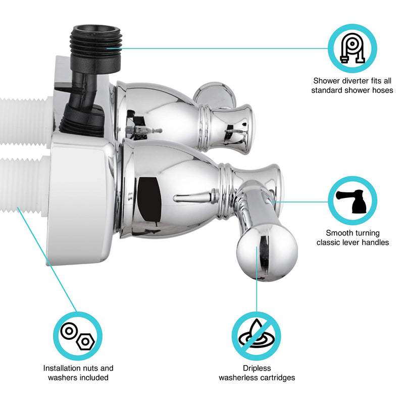 Dura Faucet DF-SA100L-CP RV Shower Faucet Valve Diverter with Hot/Cold Handles (Chrome) Chrome Polished