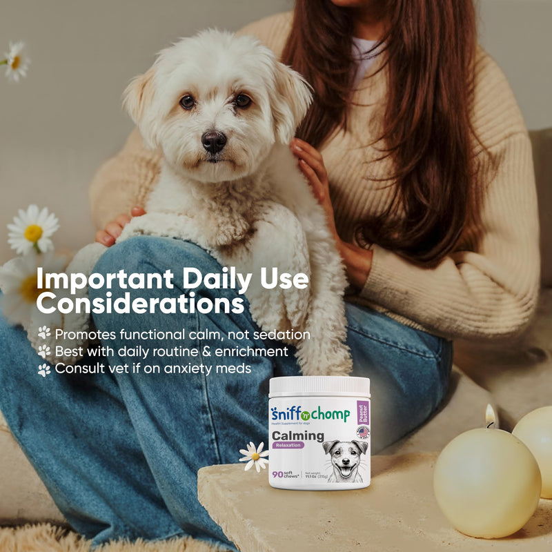 SNIFF 'N' CHOMP Dog Calming Chews, Peanut Butter Flavor, Natural Anxiety Relief with L-Theanine Chamomile Valerian Melatonin, Stress Support for All Breeds, Calming Dog Treats | 90 Soft Chews
