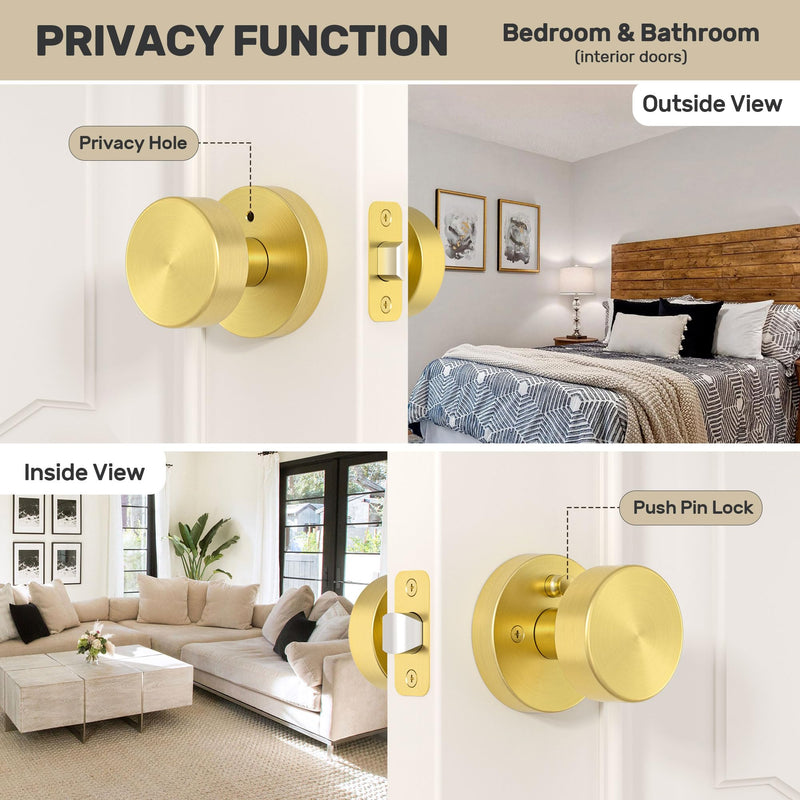 Gold Door Knob Privacy Door Knobs Interior Satin Brass Door Knobs Modern Round Door Handles for Bedroom and Bathroom Brushed Gold Door Knob 1 Pack Privacy