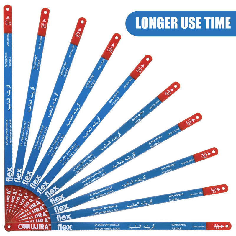 20 Pieces Hacksaw Replacement Blades Metal Cutting Hacksaw Blades with 18 Teeth and 24 Teeth Per Inch Blue Background with Supper Speed Letter