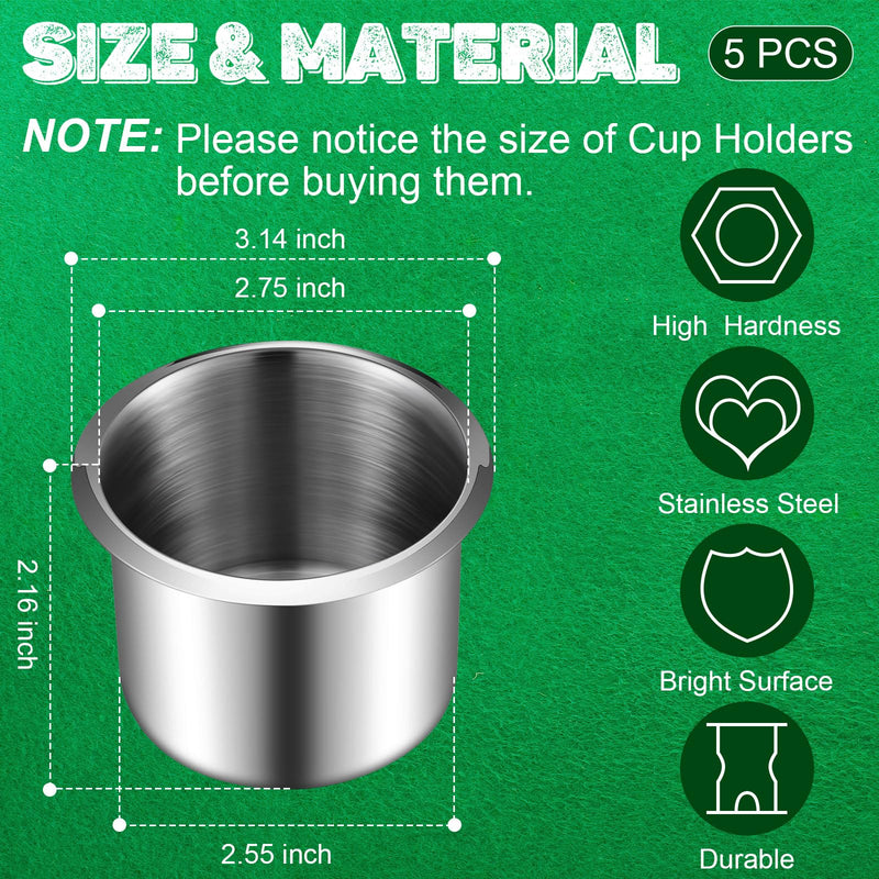 5 Pcs Tessco Table Cup Holder Inserts Stainless Steel Drop in Drink Cup Holder Insert Metal Poker Game Table Accessories for Casino Desk Car Trucks Boat Sofa Cupholder Storage 5