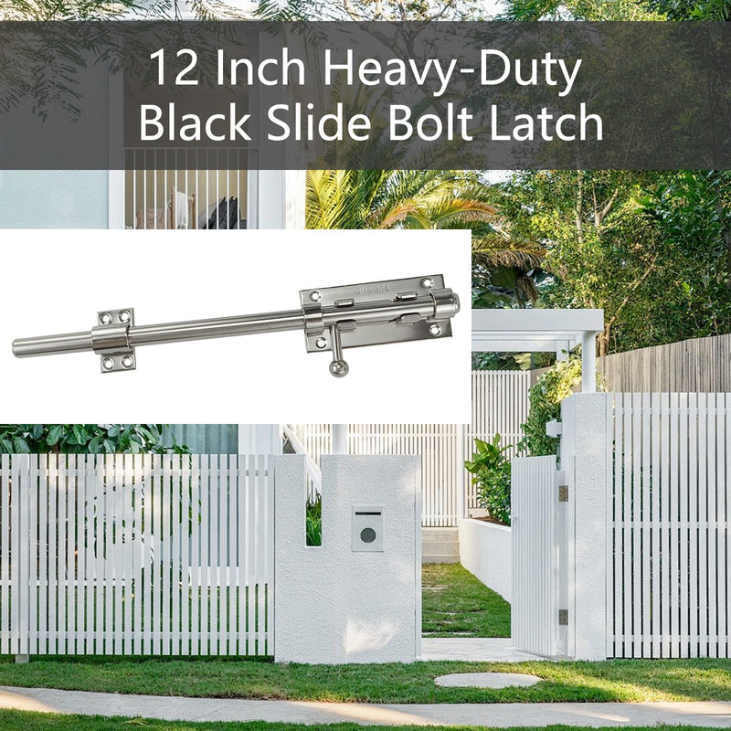 2PCS 304 Steel Silver 12" Slide Bolt Latches, Heavy-Duty 304 Stainless Steel Gate Door Slide Latches