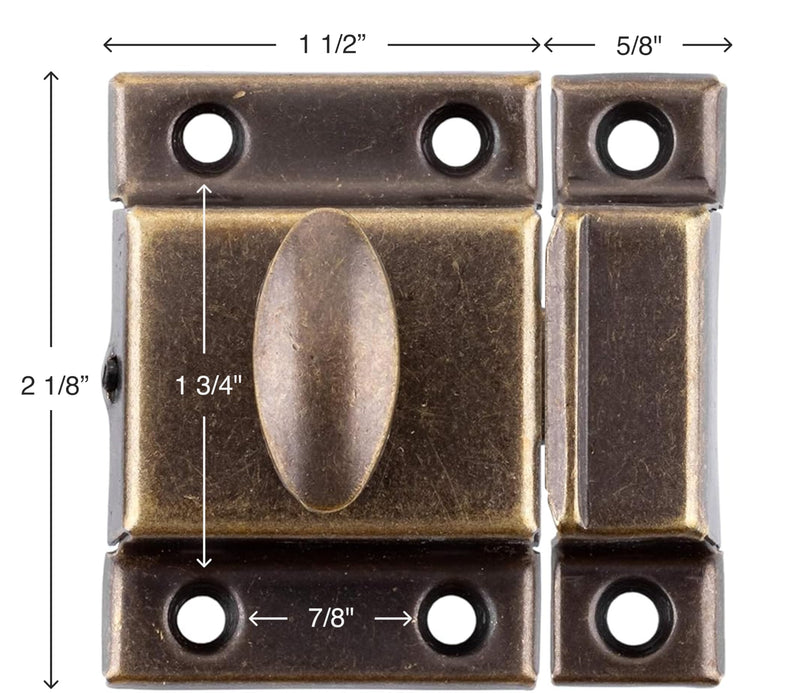Large Stamped Antique Brass Cabinet Door Latch - 2 1/8" × 2 1/8" - Spring Loaded Cupboard Door Latch with Oval Turn - Vintage Cabinet Hardware | UA-140-LAB (1)