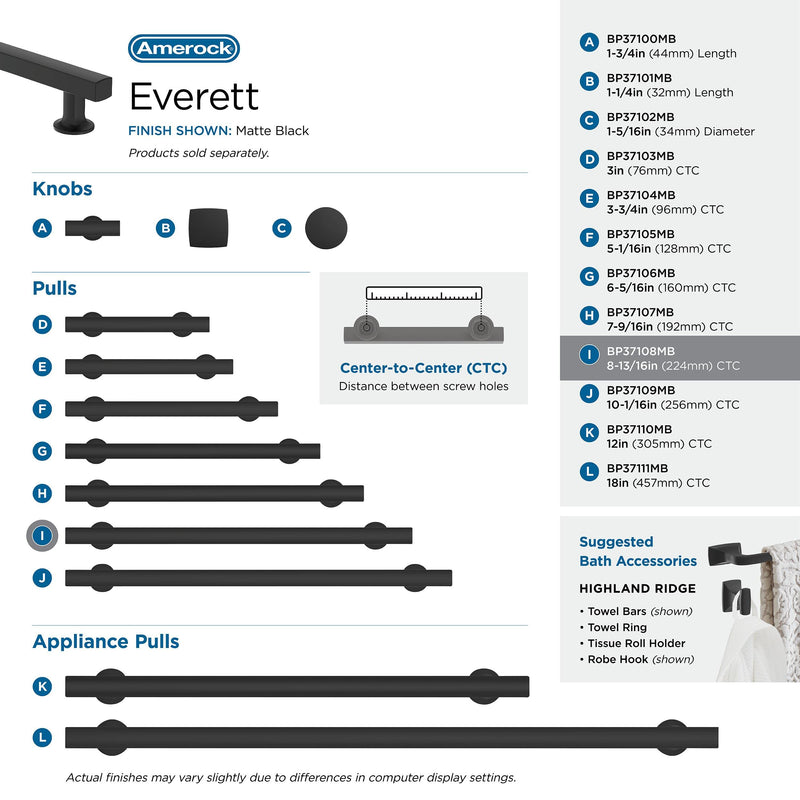Amerock 8-13/16" Everett Matte Black Drawer Pull | 8-13/16 inch (224mm) Center-to-Center Mounting Distance and 11 inches Overall Length, Durable Zinc Cabinet Hardware 8-13/16 Inch (224 mm) Center-to-Center