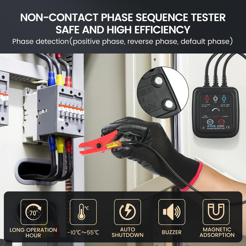 ETCR1000C Non-Contact Phase Sequence Tester, AC 70V-1000V, Φ0.6inch/16mm, Manufacturer Direct Sales, Phase Rotation Meter