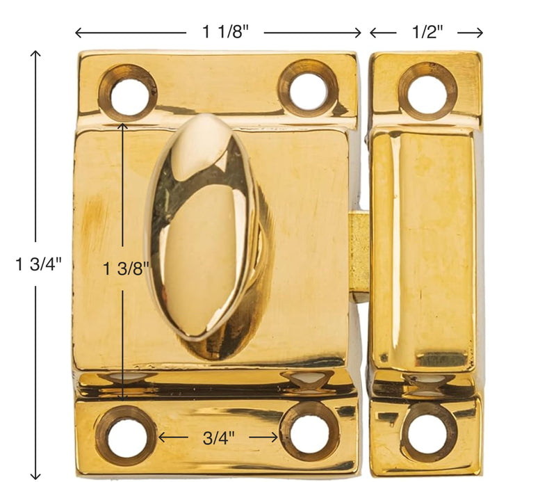 Small Heavy Duty Solid Brass Cabinet Door Latch - 1-3/4" × 1-3/4" - Spring Loaded Cupboard Door Latch with Oval Turn - Vintage Cabinet Hardware | UA-101-LPB