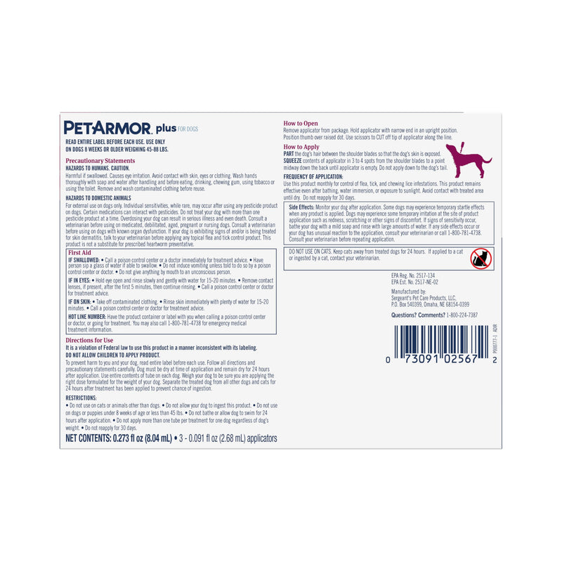 PetArmor Plus Flea and Tick Prevention for Dogs, Large Dog Flea and Tick Treatment, 6 Doses, Waterproof Topical, Fast Acting (45-88 lbs) 45-88 lbs 6 Count