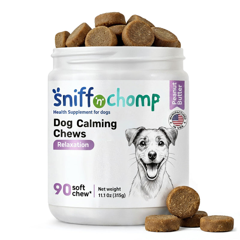 SNIFF 'N' CHOMP Dog Calming Chews, Peanut Butter Flavor, Natural Anxiety Relief with L-Theanine Chamomile Valerian Melatonin, Stress Support for All Breeds, Calming Dog Treats | 90 Soft Chews