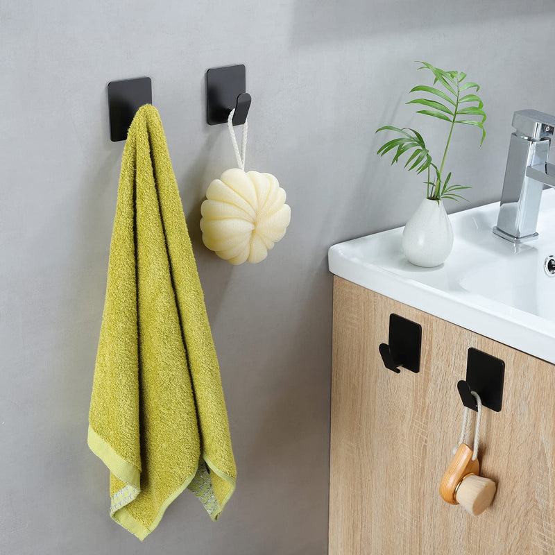 Taozun Adhesive Hooks - Black Towel Hooks 4 Packs Coat Robe Hooks Stainless Steel Wall Hooks Rustproof and Oil Proof for Kitchen Bathroom