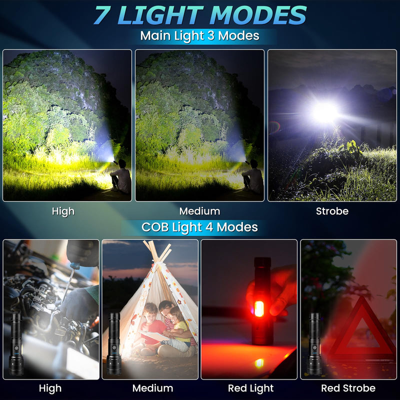 Rechargeable LED Flashlights High Lumen,99,000 Lumens Super Bright Flashlight,Powerful Flash Light 7 Modes with COB Work Light Waterproof for Home Outdoor Camping Hiking