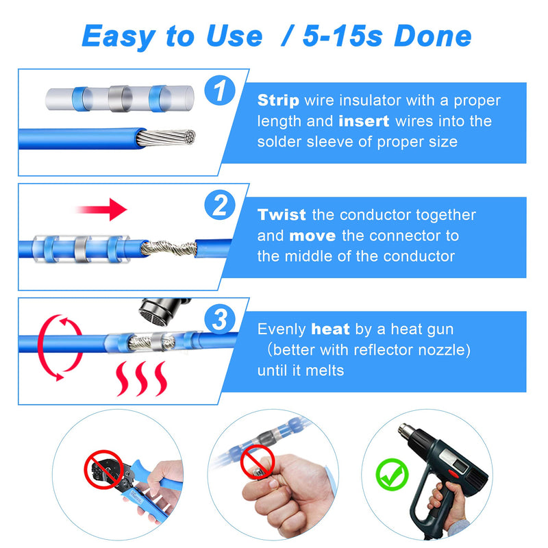 Kuject 300PCS Blue Solder Seal Wire Connectors, Waterproof Self Solder Heat Shrink Butt Connector Solder Sleeve Electrical Butt Splice for Automotive Marine Boat Trailer Truck 16-14 Awg 300