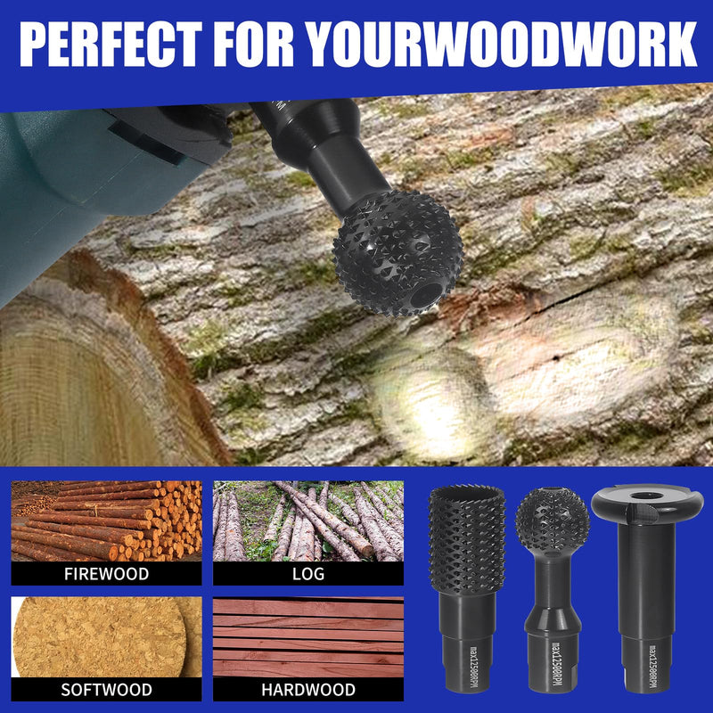 3 PCS Upgraded Wood Grinder Ball Gouge with 5/8-11 Thread for 4 1/2 and 5 Inch Angle Grinder Attachments, Power Carving Tools with Sphere Rotary Burr Carbide Steel Electric for Wood Hollowing Slotting