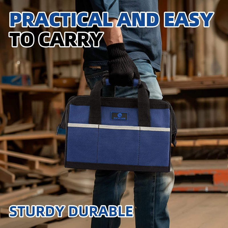 Tool Bag 13'', Wide Mouth Tool Organizer for Tool Storage, Heavy Duty and Water Proof, Blue & Black 13 inch