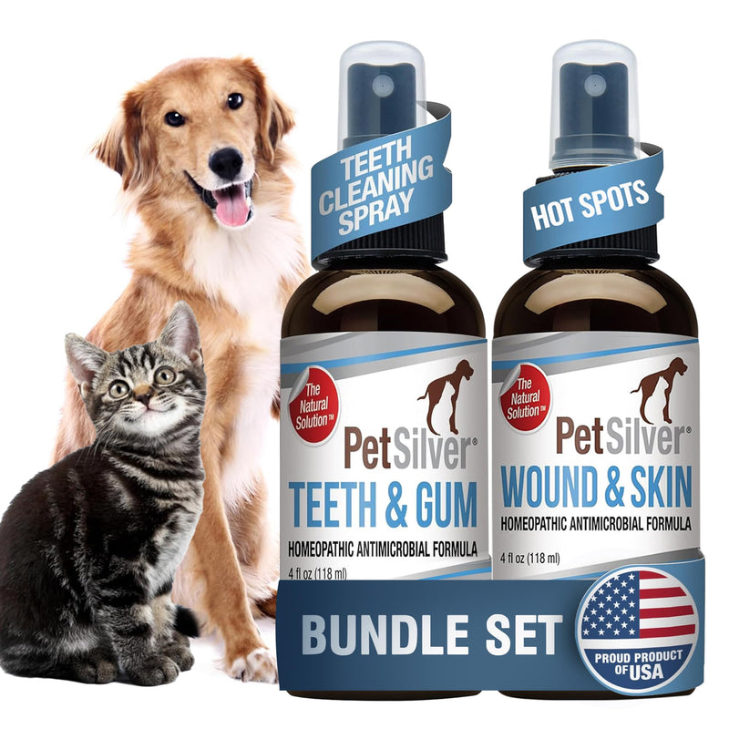 PetSilver - Wound & Skin Spray (4 fl oz) and Teeth & Gum Spray (4 fl oz) with Patented Chelated Silver - Wound, Hot Spot, & Itch Spray - Teeth Cleaner & Breath Freshener for Cats and Dogs - Made in US