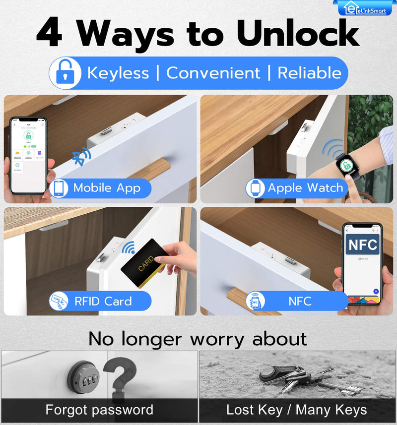 eLinkSmart Smart Cabinet Lock, Hidden No Drill Adhesive Magnetic Baby Proofing Child Proof Drawer Locks, Keyless RFID Bluetooth Cabinet Locks for Adults File Kitchen Cupboard Closet Liquor - White