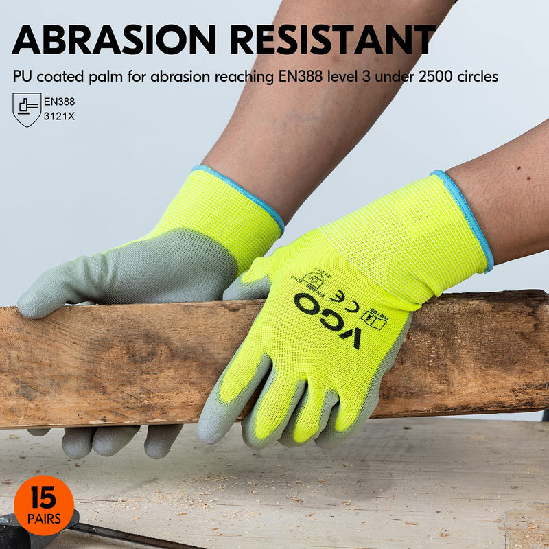 Vgo... 15-Pairs Safety Work Gloves, Gardening Gloves, Polyurethane Coated, Dipping Gloves, Latex Free (Size L, Yellow, PU2103) Large (Pack of 15)