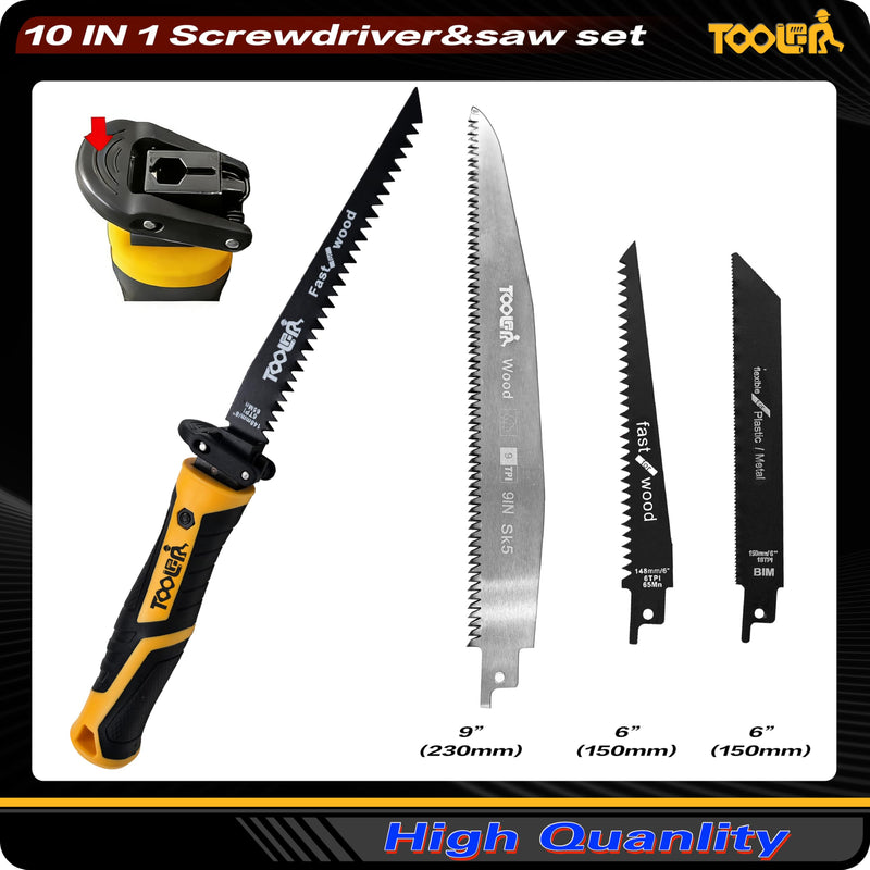 10-in-1 Multi-bit Screwdriver Set (Slotted & Phillips Bits) Quick Change Mechanism Portable Multi-Purpose hand saw For Cutting Wood/Metal/Drywall Suitable for outdoor and daily repair tools