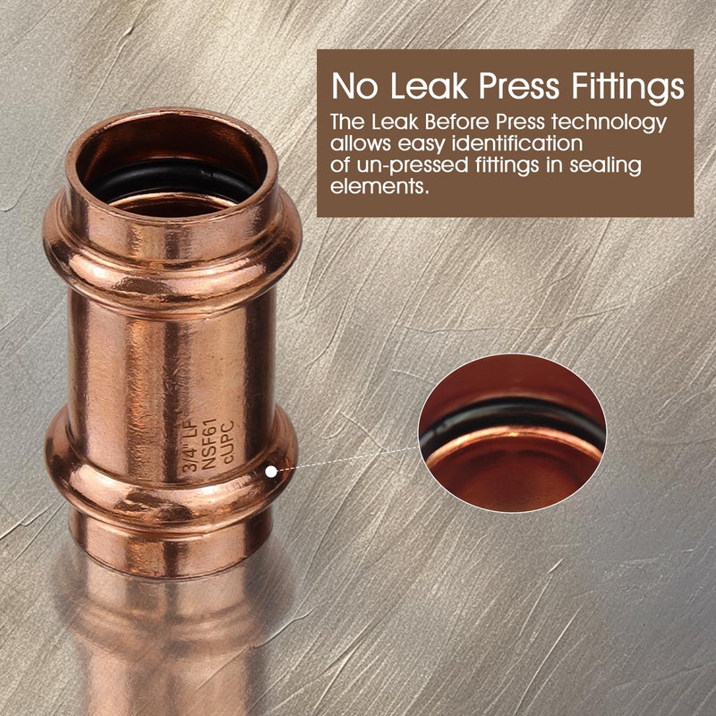 Copper Press Fittings 1/2inch Kit,6pk Copper Coupling&6pk 90 Elbow&3pk Tee 1/2"Press Coupling+1/2" 90° Elbow+1/2" Tee Copper 15