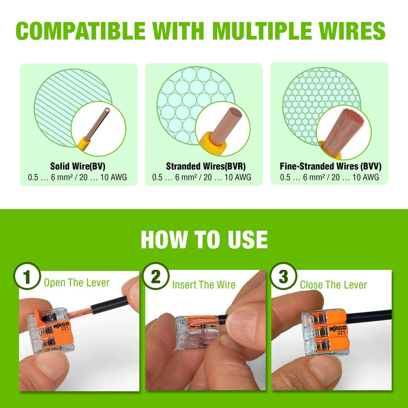 WAGO 221 Series 26pc 10AWG Compact Splicing Wire Connectors | Includes (10x 221-612), (10x 221-613), (6X 221-615) | WAGO Wire Connectors | WAGO 221 Wire Nuts | WAGO 221 Series Assortment with Case NAA221-26