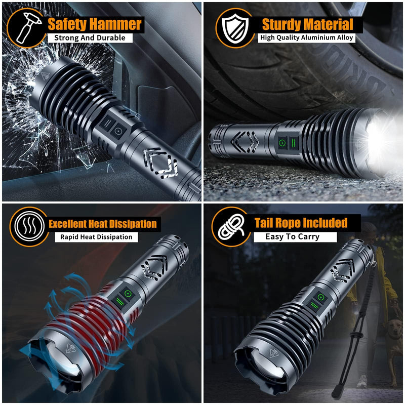 [24H Long Life] High Power 155,000 Lumens Rechargeable Flashlights, Super Bright Tactical Flashlight with 1200m Ultra-Long Beam, XHP160.6 LED Light for Emergency, Camping, Gifting