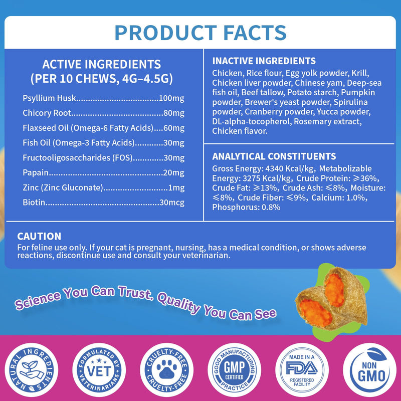 Cat Hairball Support Chews 500 Chews, Cat Hairball Remedy Treats Crunchy Shell with Krill Core, Furball Control Relief, Digestion, Supports Skin & Coat, Chicken Flavor, for All Breeds & Ages Cats