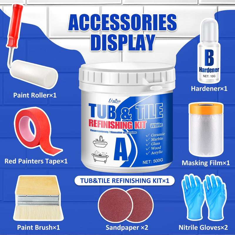 Tub and Tile Refinishing Kit - 17oz Semi-Gloss White Tile Paint with Tools for Bathtub Sink Countertop for Bathroom Kitchen, Bathtub Paint for Ceramic, Porcelain Fiberglass, Low Odor, 25-30 sq.ft 17 Fl Oz (Pack of 1)