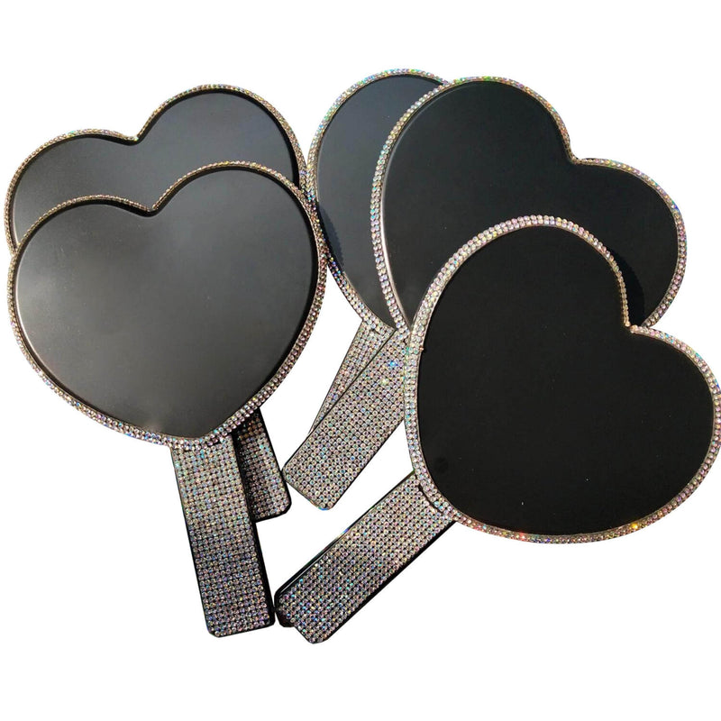 Generic Luxury 2 Pc Bling Diamond Rhinestone Heart Shaped Handheld Cosmetic Travel Mirror (Pink and Black)