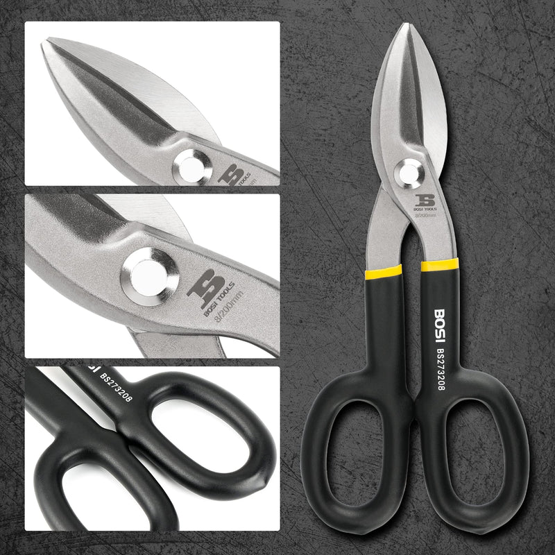 8 Inch Straight Pattern Tin Snips Metal Cutters, High Strength Forged and Heat Treated Carbon Steel with Comfortable Black Rubber Handle 8 Inch