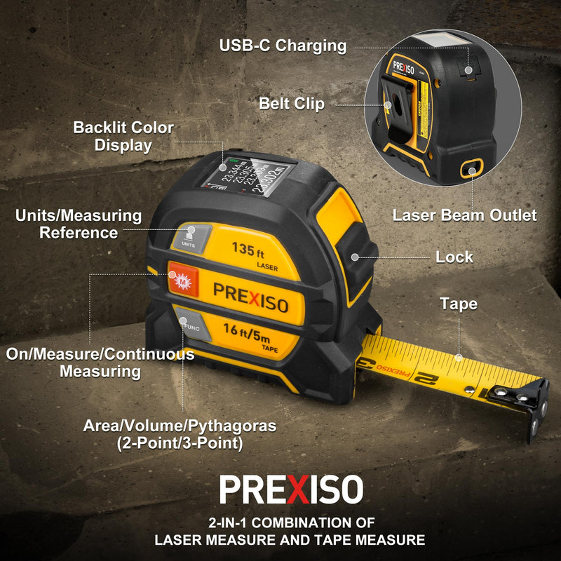 PREXISO 2-in-1 Laser Tape Measure - NOT DIGITAL TAPE - 135Ft Rechargeable Laser Measurement Tool & 16Ft Measuring Tape Movable Magnetic Hook - Pythagorean, Area, Volume, Ft/Ft+in/in/M Unit-NOT Digital