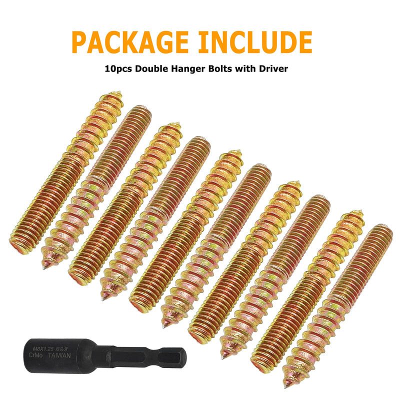 10pcs M8x60mm Hanger Bolts Double Headed Bolts Screw Kit,Self-Tapping Hanger Bolts Screw for Wood Furniture,with 1pcs M8x1.25mm Driver, Zinc-plated surface