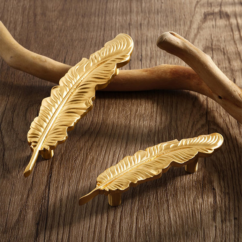 2PCS Solid Brass Feather Cabinet Drawer Handle Knob, Gold Feather Drawer Cabinet Handle Small Handles Modern Minimalist Handles Knobs for Bathroom Kitchen Wardrobe (Hole spacing:96mm) Hole spacing:96mm
