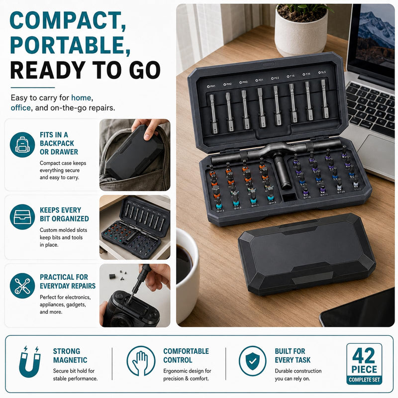 42 in 1 Magnetic Ratcheting T Handle Screwdriver Set with Storage Case | Storage Case, Home, Computer, Furniture, Bicycle Screwdriver Set（42 in 1)