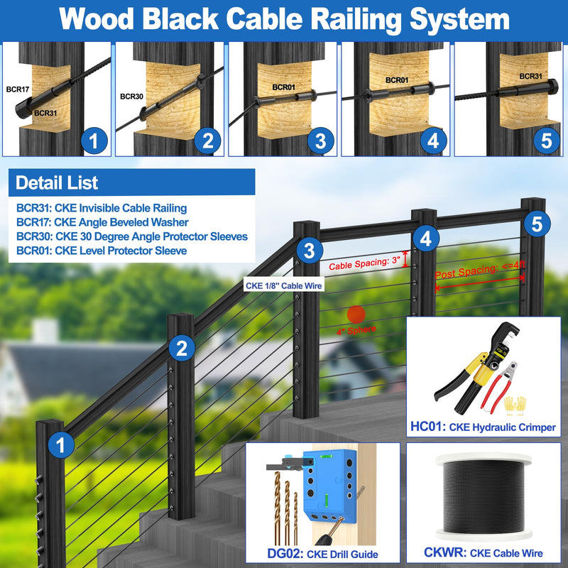 CKE 20 Pairs Black Invisible Cable Railing Kit, Black T316 Stainless Steel 3/16" Invisible Receiver, Swage Stud End for 2"x2", 4"x4" Wood/Metal Post, Invisible Cable Railing Hardware Tensioner BCR31