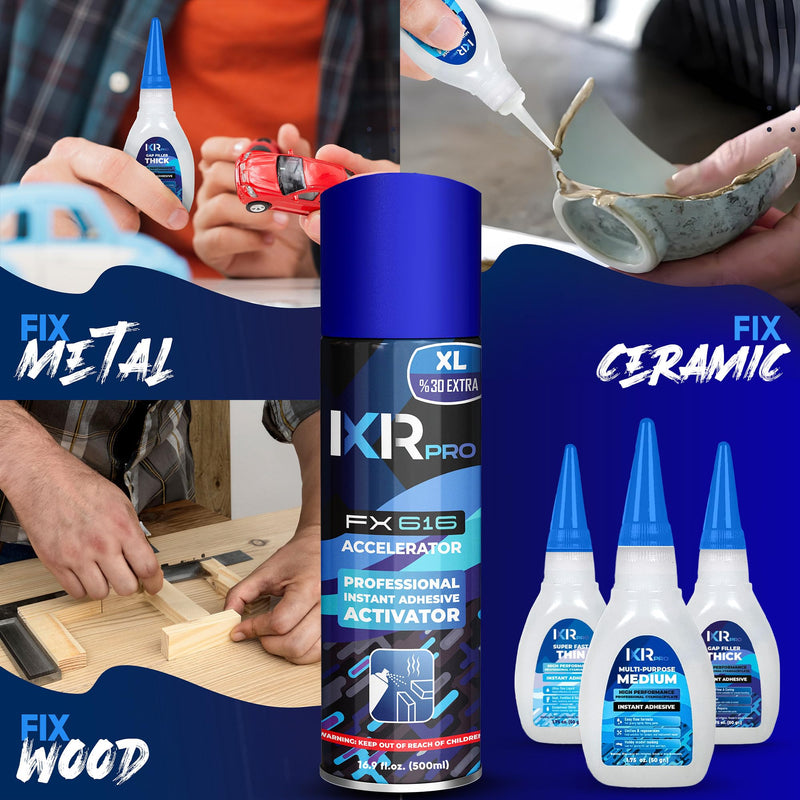 CA Glue with Activator Kit (3x1.75 oz. Thin-Medium-Thick + 16.9 fl.oz.) Cyanoacrylate Glue and Activator, Super Glue Accelerator, Super Glue for Wood, Woodworking, Plastic, Guitar, 3D Printing 1 Pack