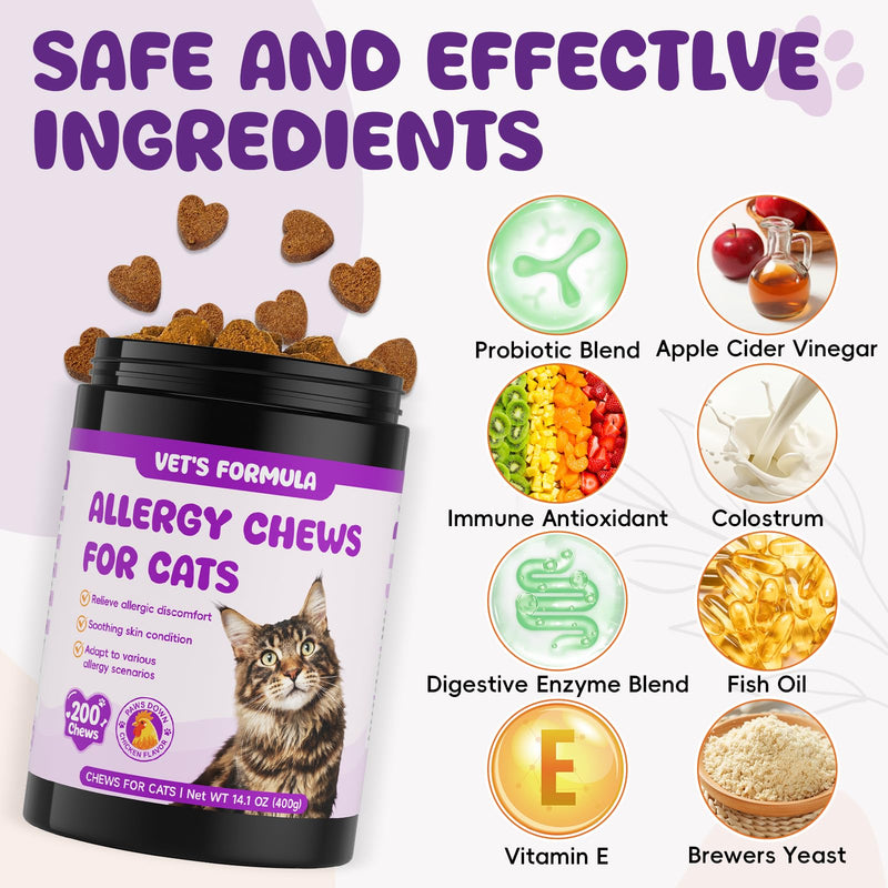 Cat Allergy Relief for Cats, 200ct Chicken Flavor - Cat Allergy Treats for Itchy Skin & Seasonal Allergy Support with Omega-3 & Probiotics - Cat Allergy Relief Chews Immune Boost & Coat Care