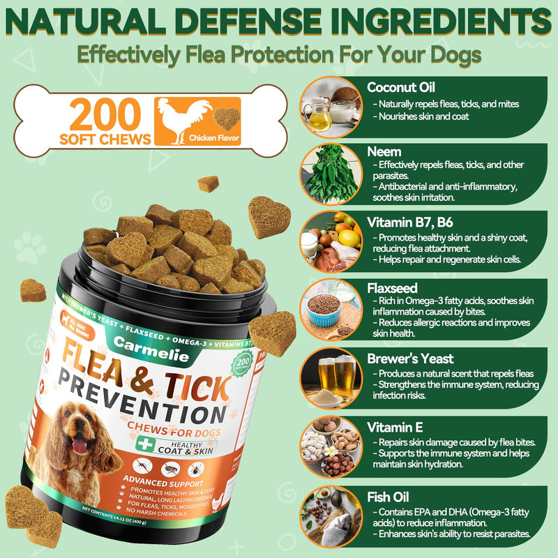 Probiotic & Flea Chews for Dogs - 200 Each - Natural Flea & Tick Prevention with Skin Support + Digestive, Gas & Immune Relief with Pumpkin & Enzymes - Chicken Flavor