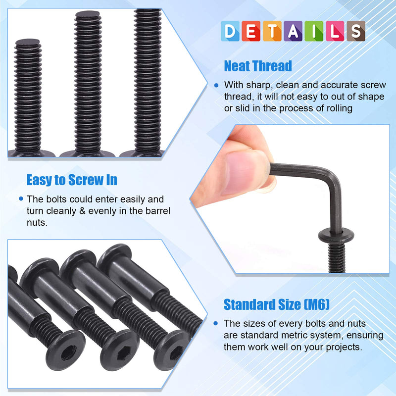 Glarks 85Pcs M6x16/ 25/35/ 45/55/ 65/ 75mm Black Hex Drive Socket Cap Bolts Kit, Allen Head Countsunk Furniture Crib Bolts Nuts Screws for Chair Table Cabinets M6x16/25/35/45/55/65/75mm