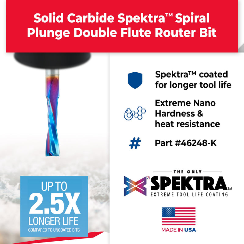 Amana Tool Spektra Extreme Tool Life Coated Solid Carbide Spiral Plunge Router Bit for Wood, 46248-K, 1/4 D x 1 CH x 1/4 SHK x 2-1/2 Inch Long Up-Cut Router Bit