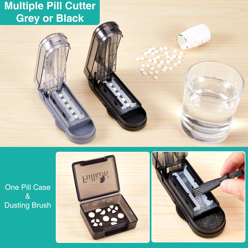 Fullicon Multiple Pill Cutter - Adjustable for Small Pills With Accurate Alignment, Stainless Steel Cutting Blade & Guard, Splitter With Free Brush & Box (Grey) Grey