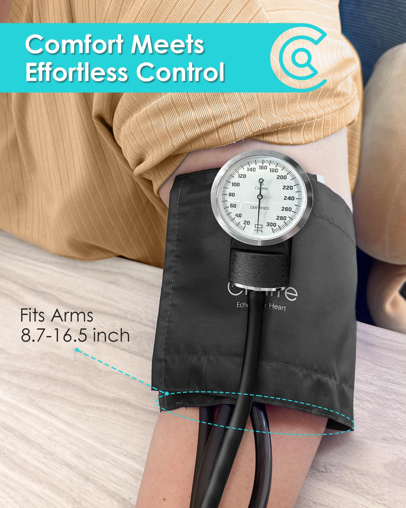 Manual Blood Pressure Cuff with Stethoscope for Nursing Students | Professional Aneroid Sphygmomanometer for Medical & Home BP Monitoring Use with Carrying Bag, Universal Adult Size Black With Basic Stethoscope