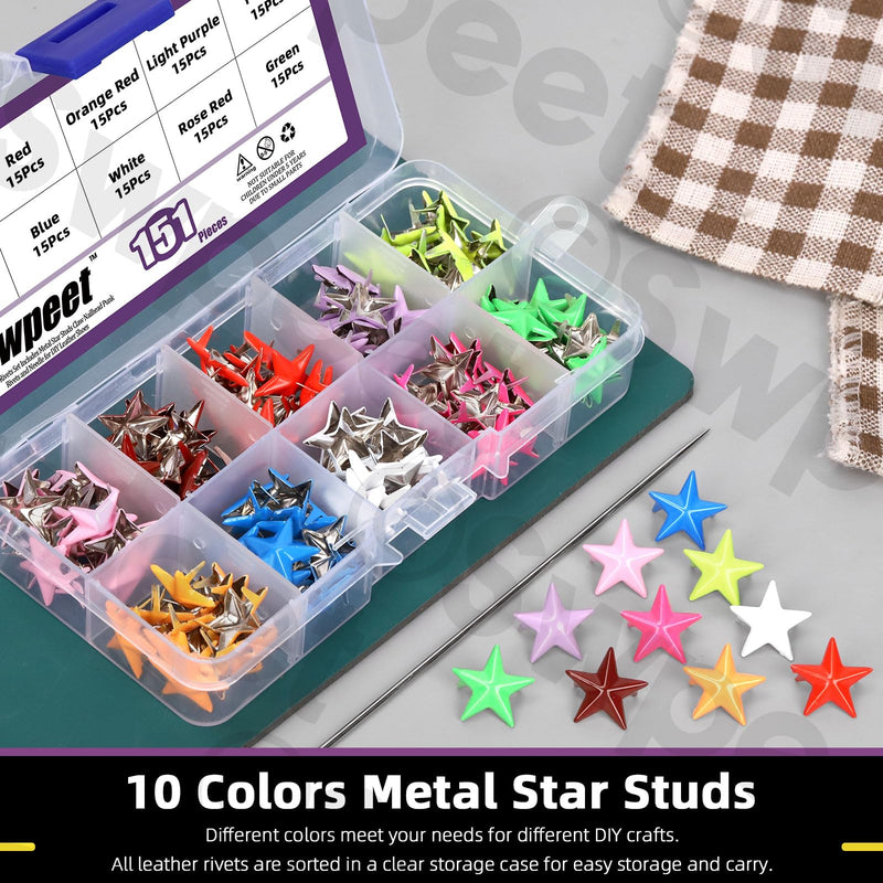 Swpeet 151Pcs 15.7mm 10 Colors Metal Star Studs Claw 5-Claw with Large Eye Needles Kit, Hand Pressed Punk Studs Rivets, Leather Rivets Ideal for DIY Leather Clothing Dog Collars Bracelets
