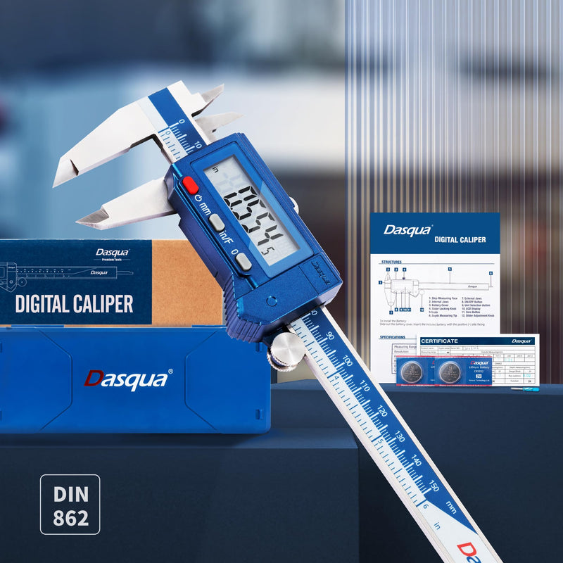 Dasqua Digital Caliper 6", IP54 Stainless Steel Water Resistant Caliper with Large LCD Display and Storage Case, Easy Switch Between Inch/Metric/Fraction, Accuracy 0.001'', Precision Measuring Tool 6“IP54