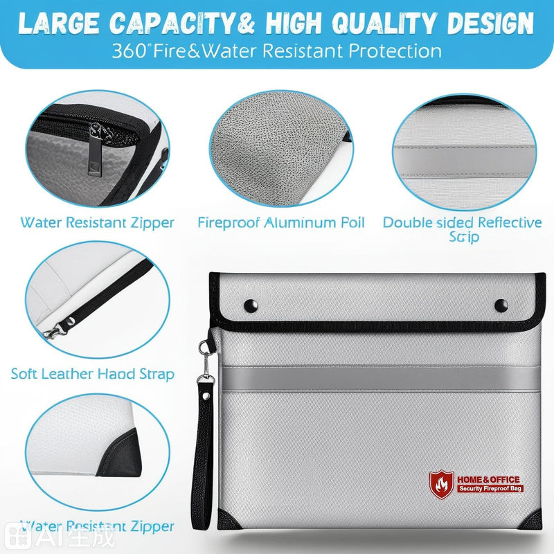 Fireproof Document Bag with Waterproof Zipper,6200°F Insulated Fire Water Proof Money Pouch,Fireproof Envelopes for Cash,Fire Proof Bag for Important Documents, Valuables(14.2"x11.4",)