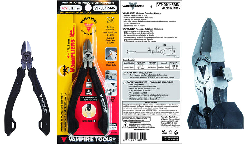 VAMPLIERS 4.75" Precision Flush Cutters. Made in Japan. Professional Grade Side Cutting Pliers Mini Nippers. For Circuit Board Work, Clean Wire Cutting, Electronic Repairs.