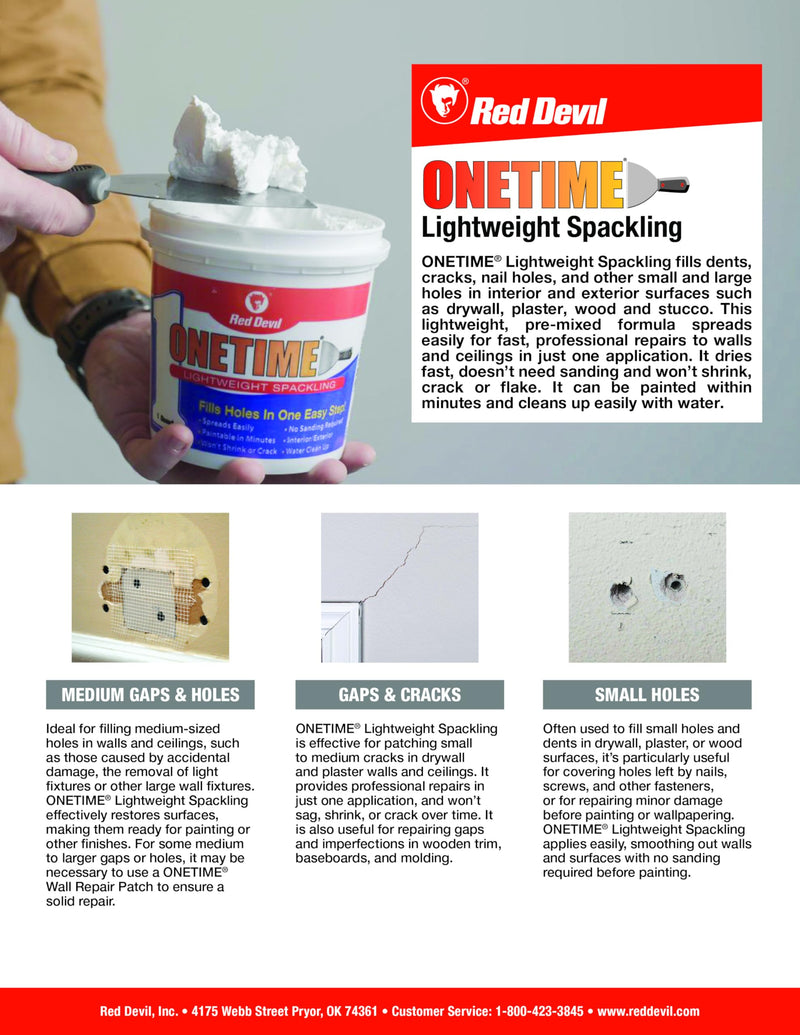 Red Devil 0542 ONETIME Lightweight Spackling, 1/2 Pint, White, 8 Ounce, Made in USA Pack of 1