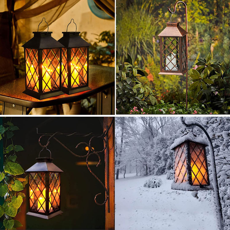 Solar Outdoor Lantern, Garden Hanging Waterproof Lanterns PVC Upgrade 3 LED Flickering Flameless Candle Decorative for Garden Women Mom Grandma Halloween Gifts (Grid Candle) grid candle
